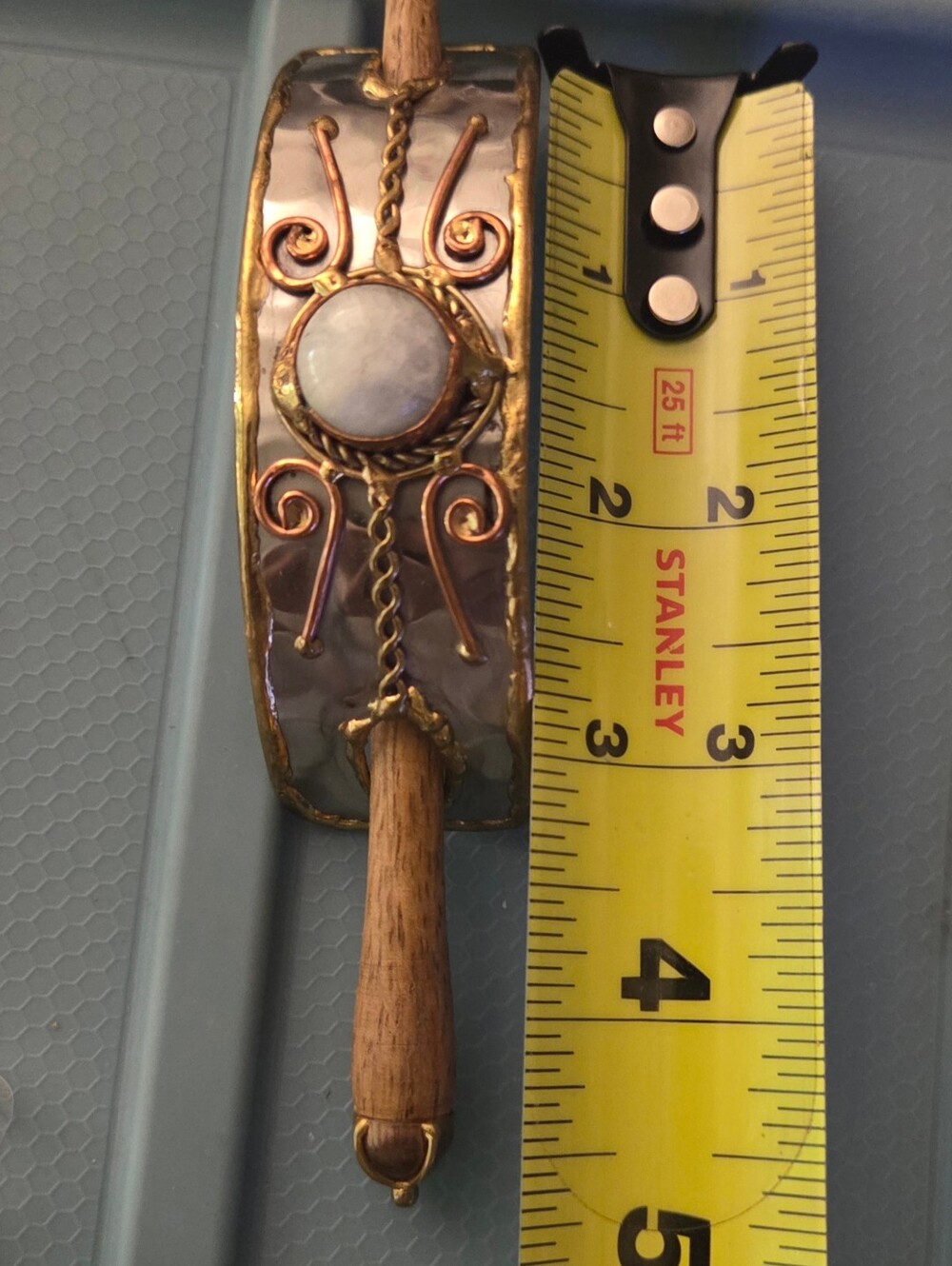 Moonstone Hairclip With Copper, Brass & Stainless Trio, Handcarved & Forged - Picture 7 of 7